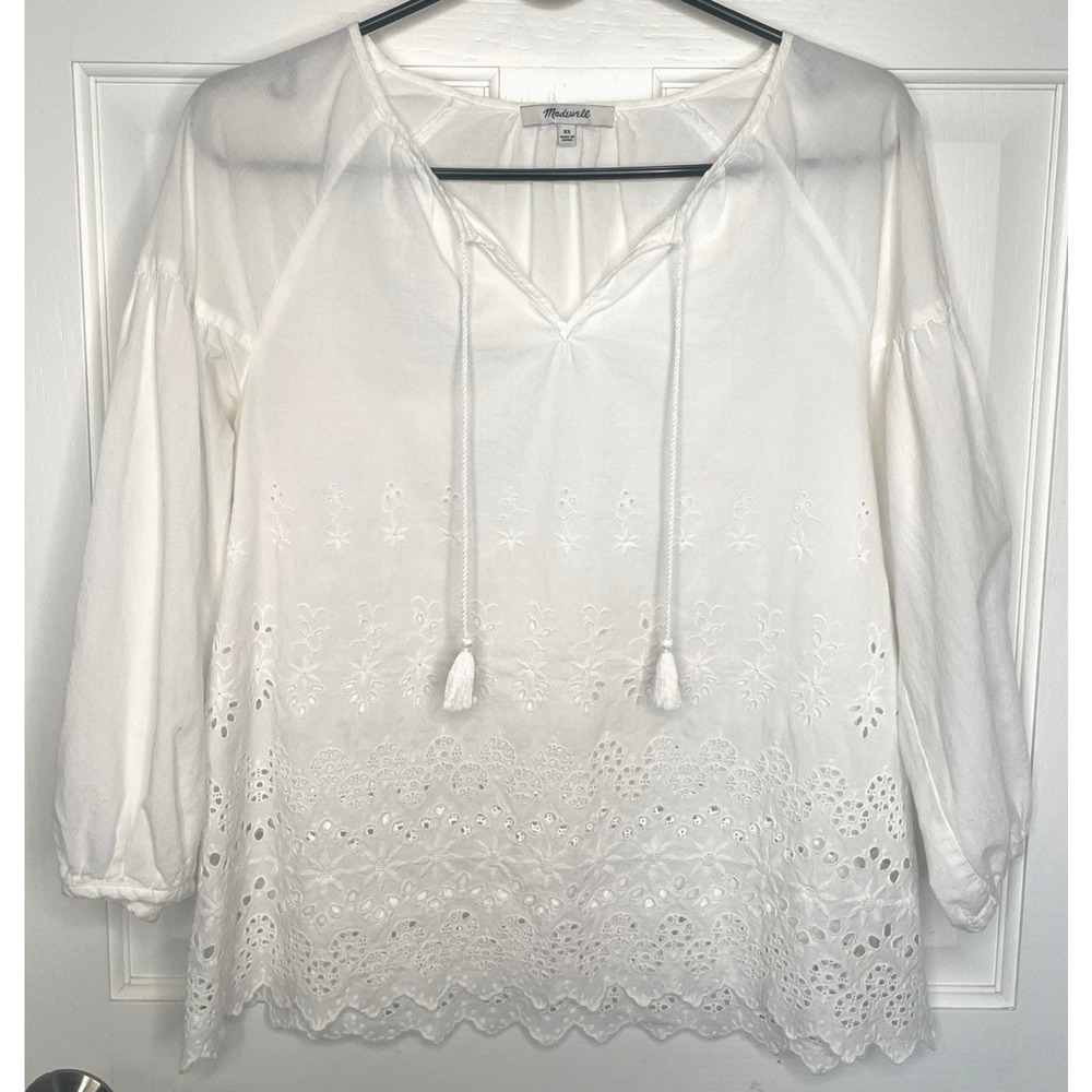 Madewell Women's Embroidered Eyelet Peasant Blouse Sz XS Cotton 3/4” Sleeve Boho